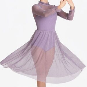 CXL Double platinum 2 piece Lilac Shimmer Mesh Lyrical Dance Costume Long Sleeve